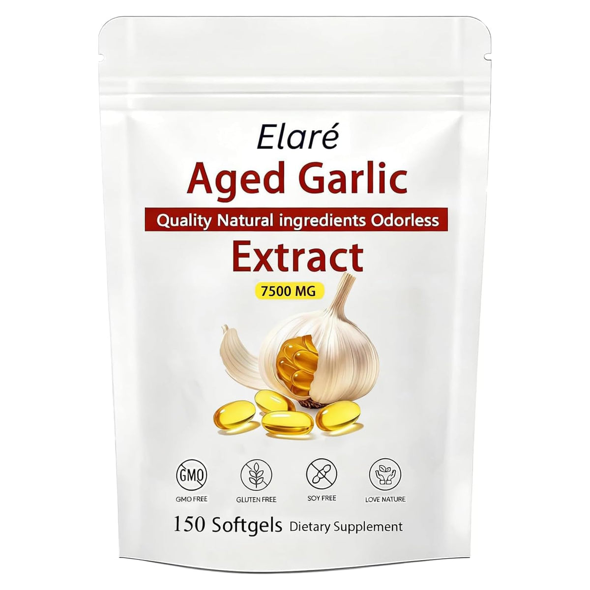 Kymezol Elare aged garlic bottle shows premium organic garlic source and packaging benefits.