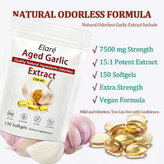 Kymezol Elare odorless softgels closeup highlights gentle, scent-free garlic capsules.
