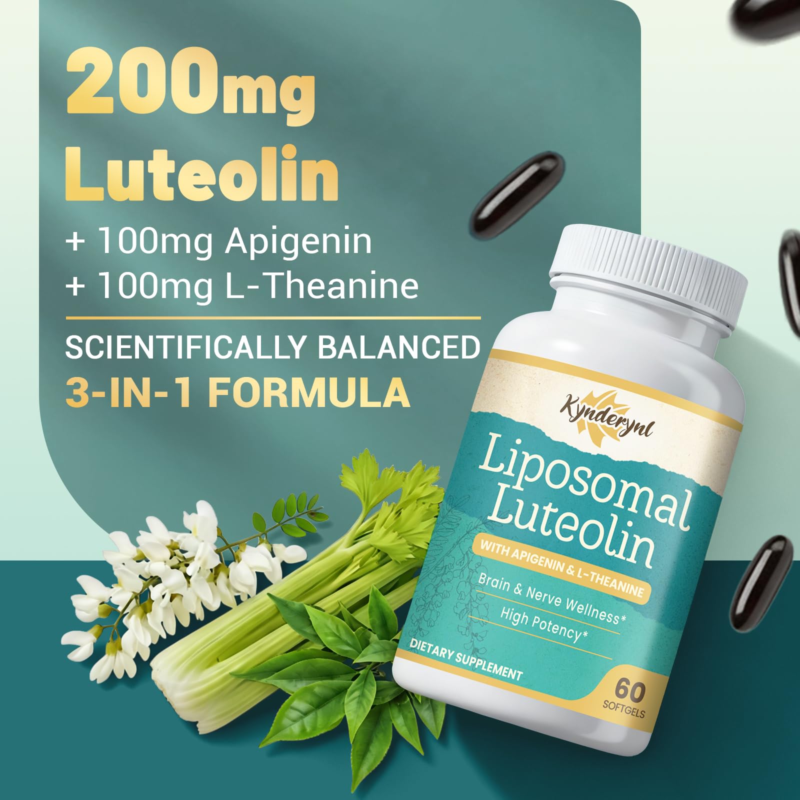 Kynderynl Liposomal Luteolin 200mg softgels shown for enhanced absorption and daily focus