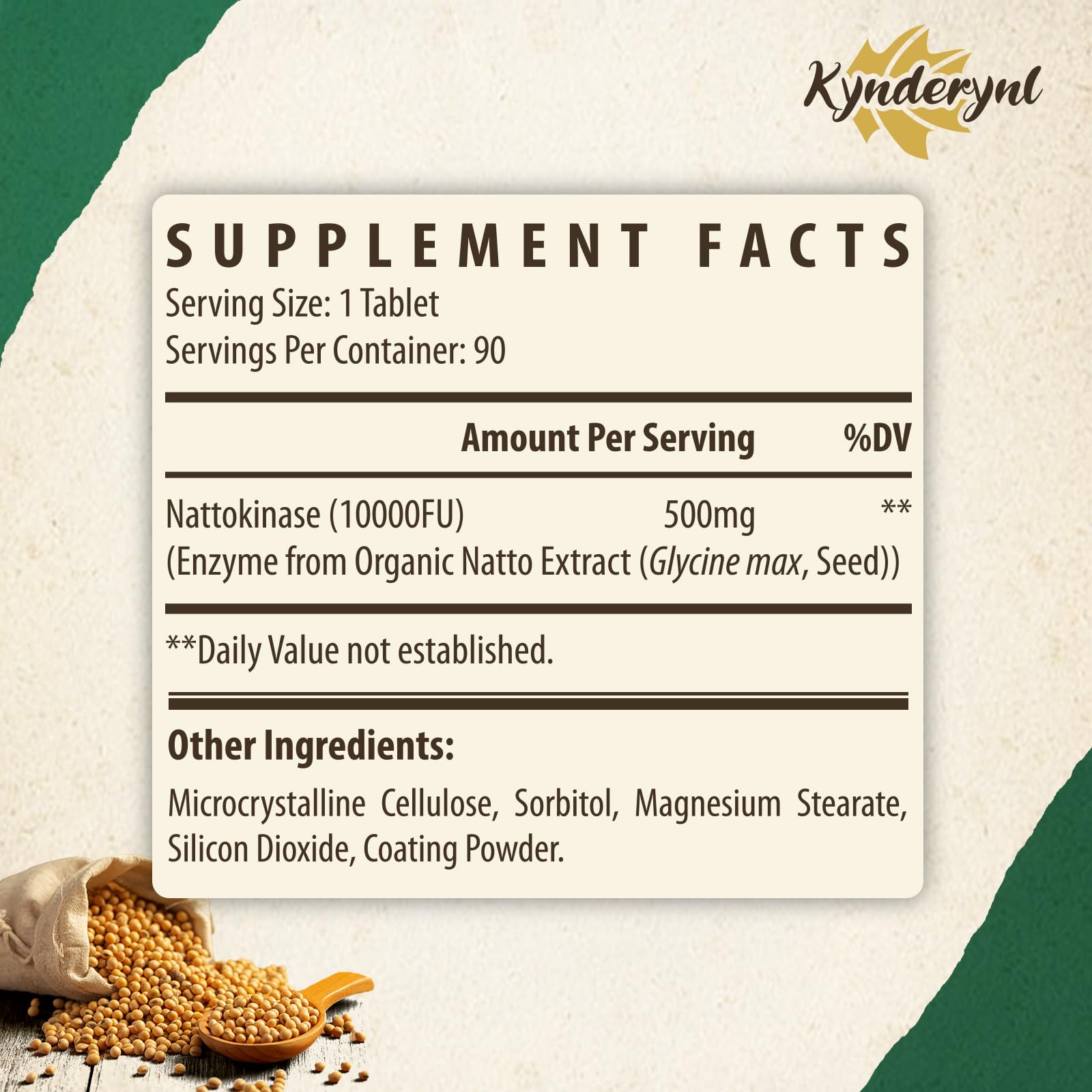 Kynderynl nattokinase bottle label highlights vegan and allergen-friendly formula.