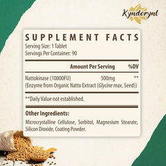 Kynderynl nattokinase bottle label highlights vegan and allergen-friendly formula.