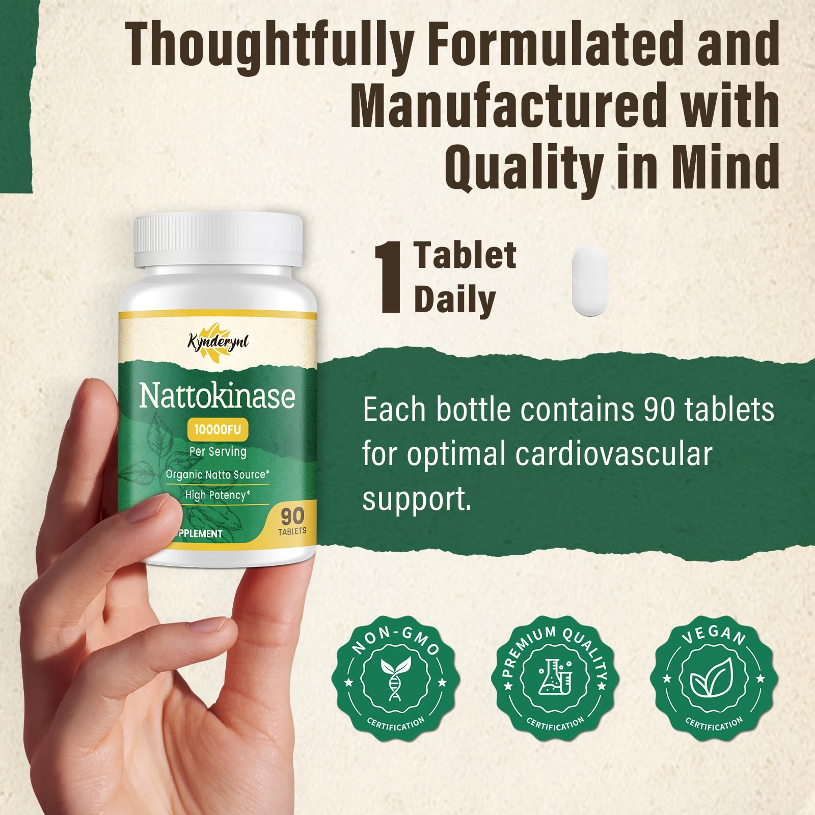 Kynderynl nattokinase vegan packaging emphasizes a 90-day supply.