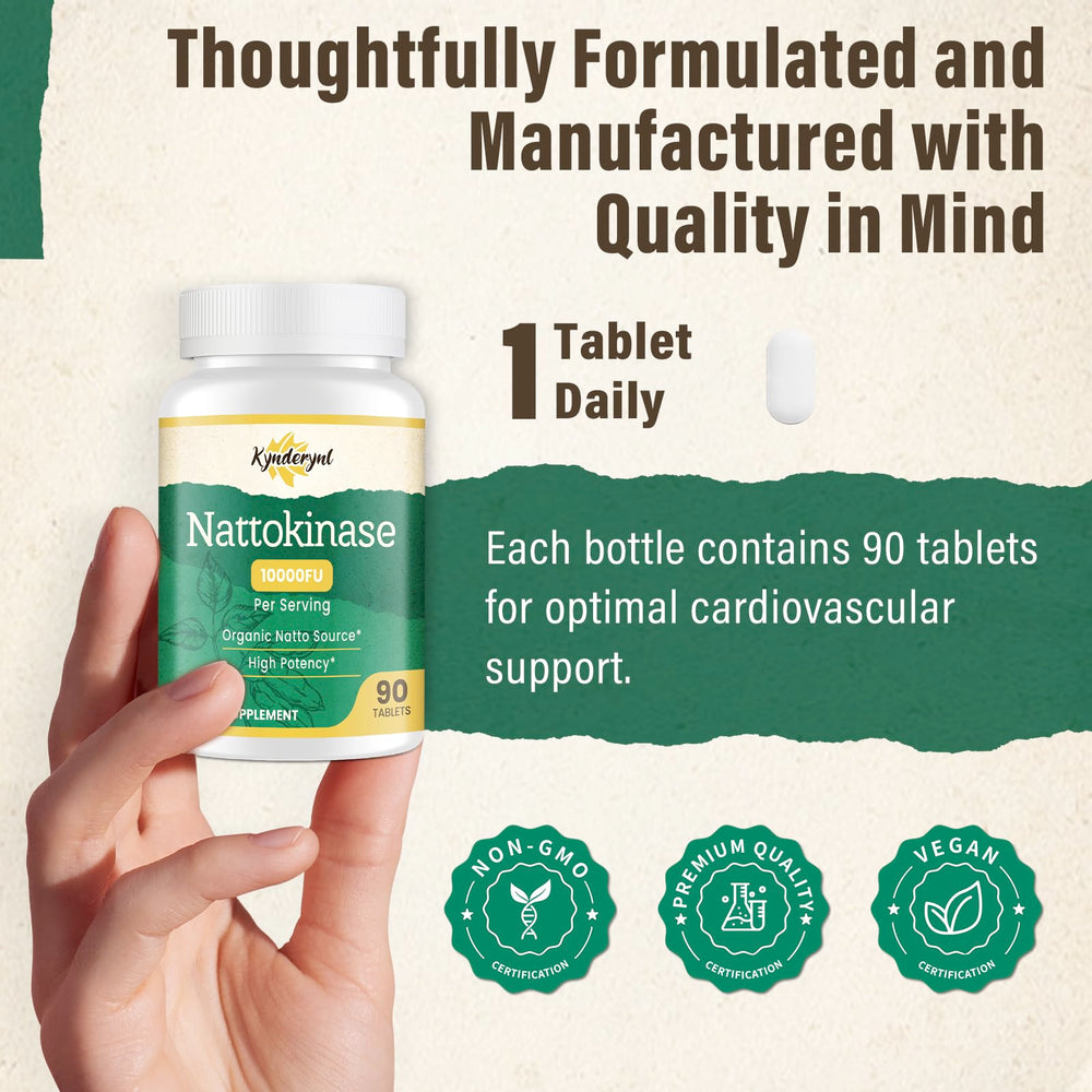 Kynderynl nattokinase vegan packaging emphasizes a 90-day supply.