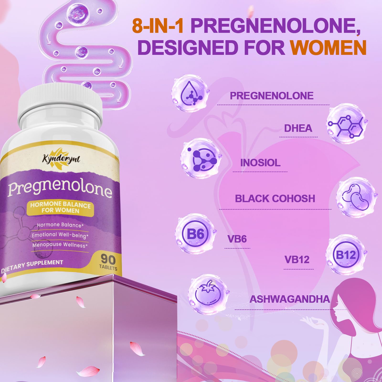 Kynderynl Pregnenolone 8-in-1 formula highlighted on bottle label for balance.