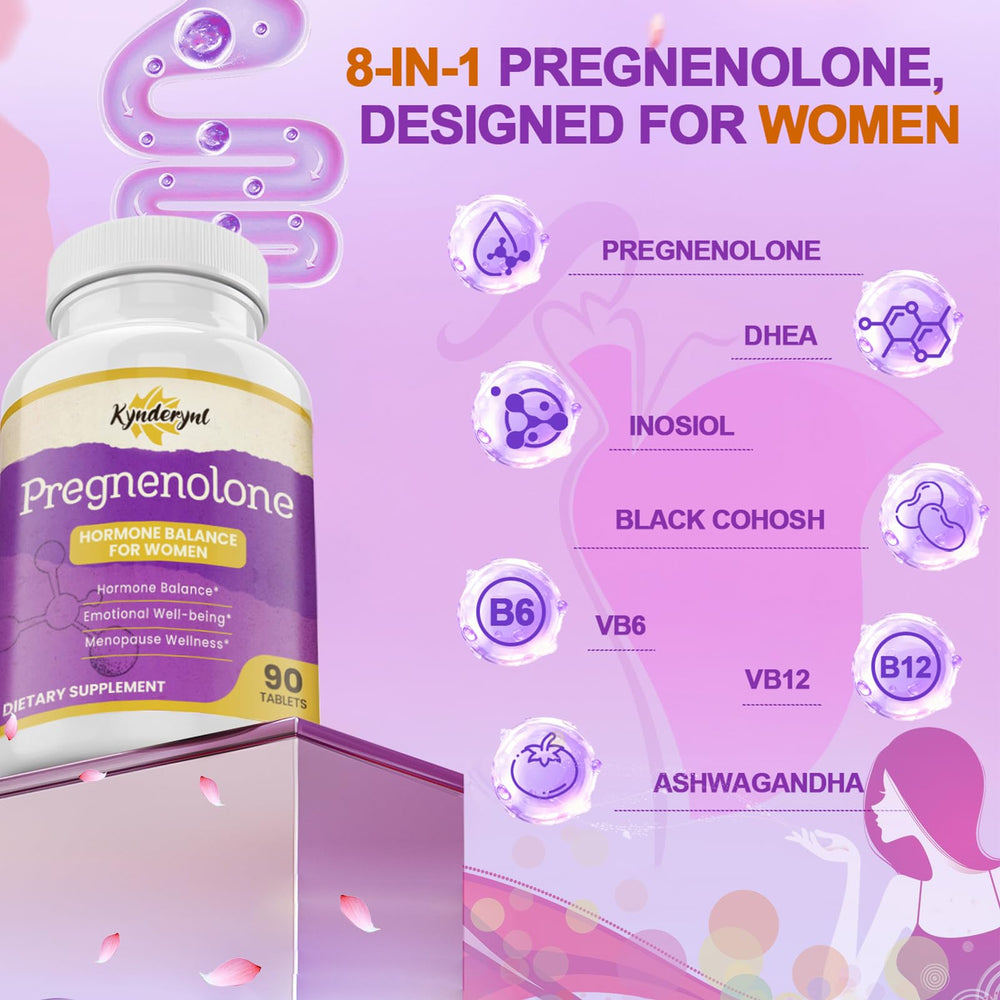 Kynderynl Pregnenolone 8-in-1 formula highlighted on bottle label for balance.
