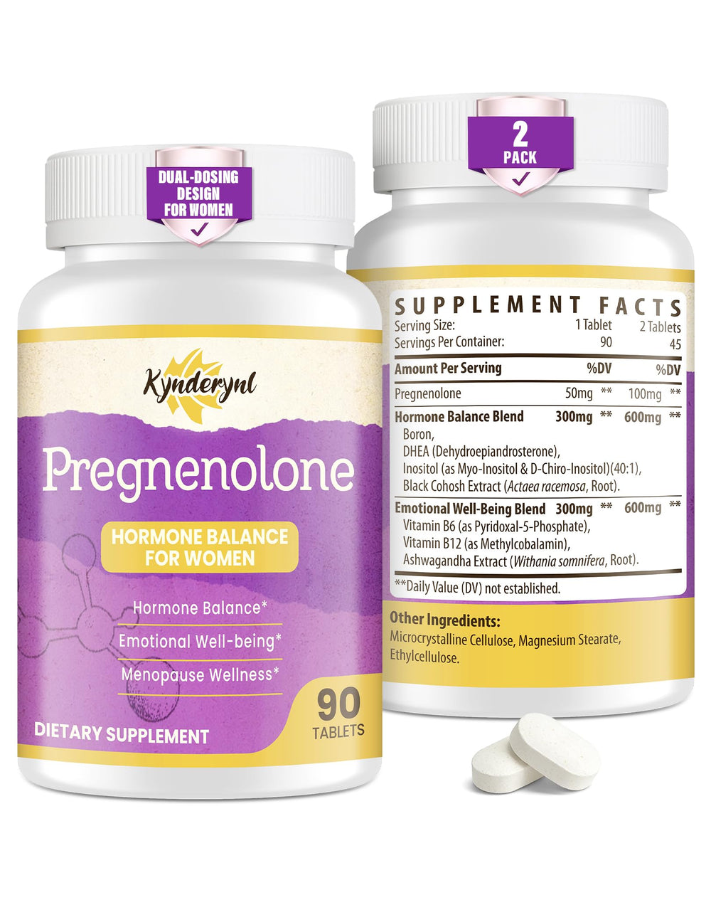 Kynderynl Pregnenolone dual-dosing bottle enables customizable daily intake.