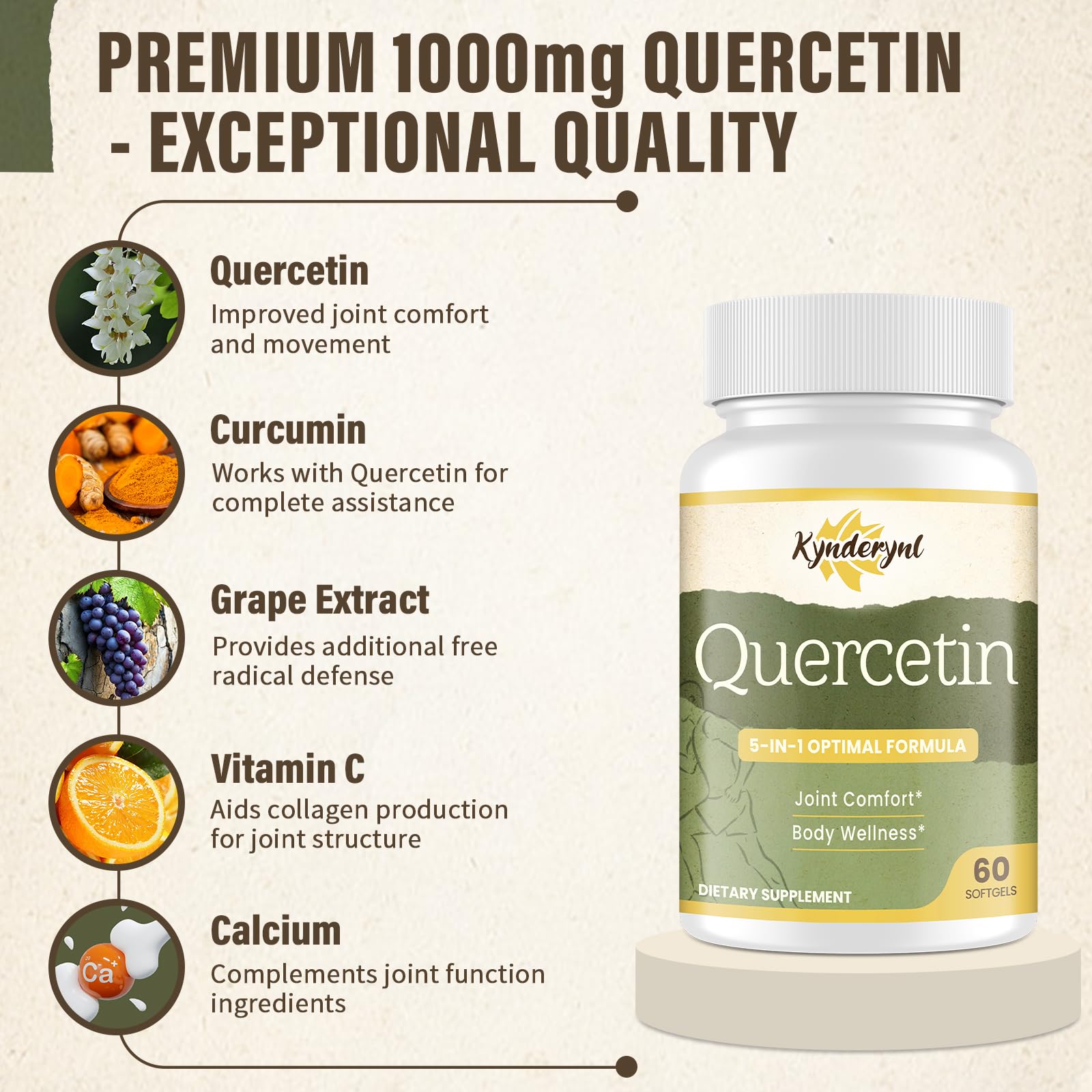 Kynderynl Quercetin 1000mg softgels close-up with turmeric and grape seed for synergy.
