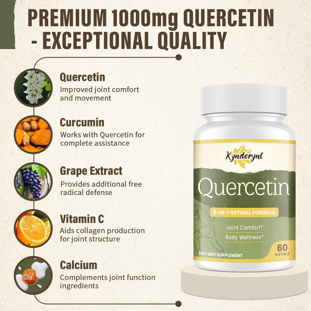 Kynderynl Quercetin 1000mg softgels close-up with turmeric and grape seed for synergy.
