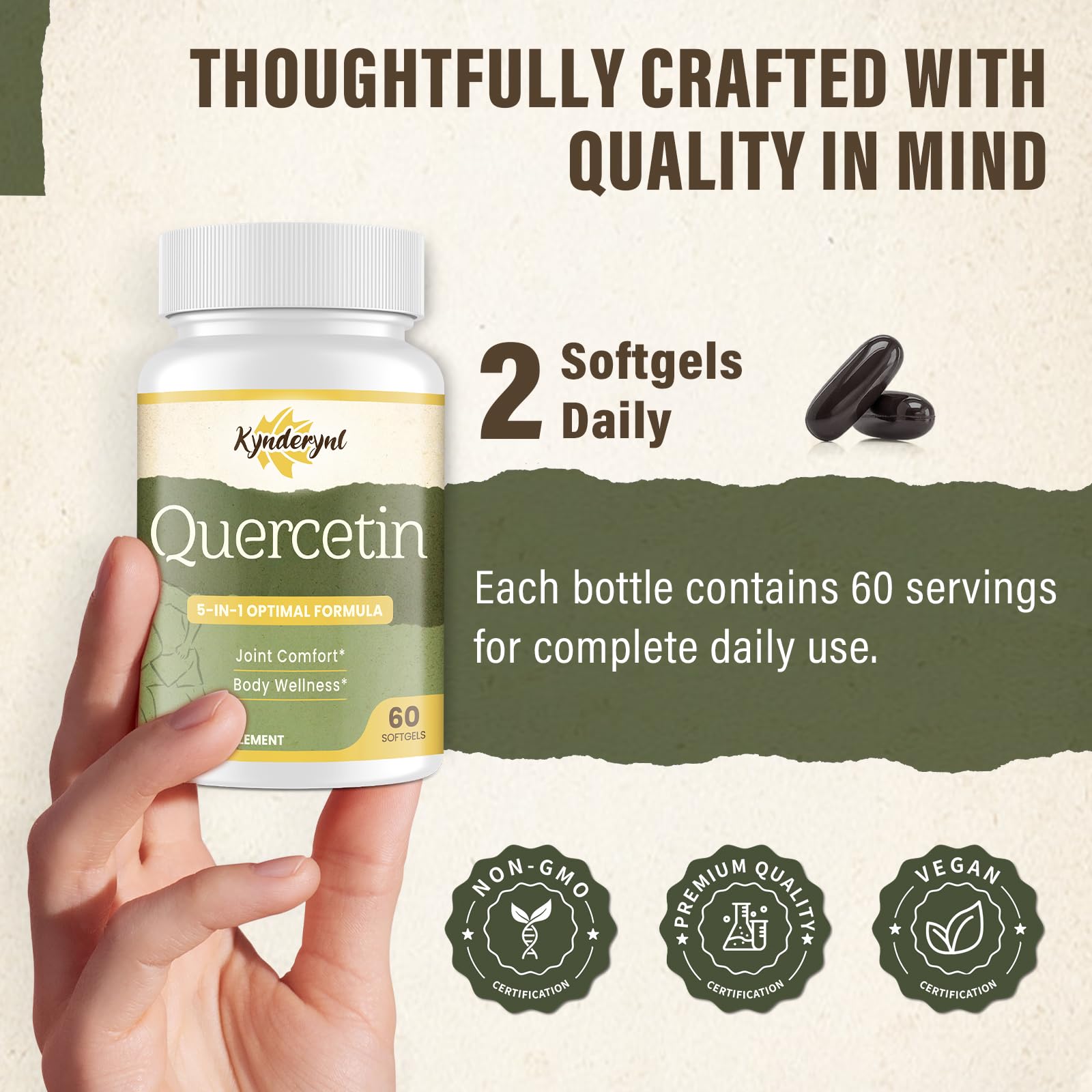 Kynderynl Quercetin 1000mg softgels with senior mobility exercise illustrating flexibility.