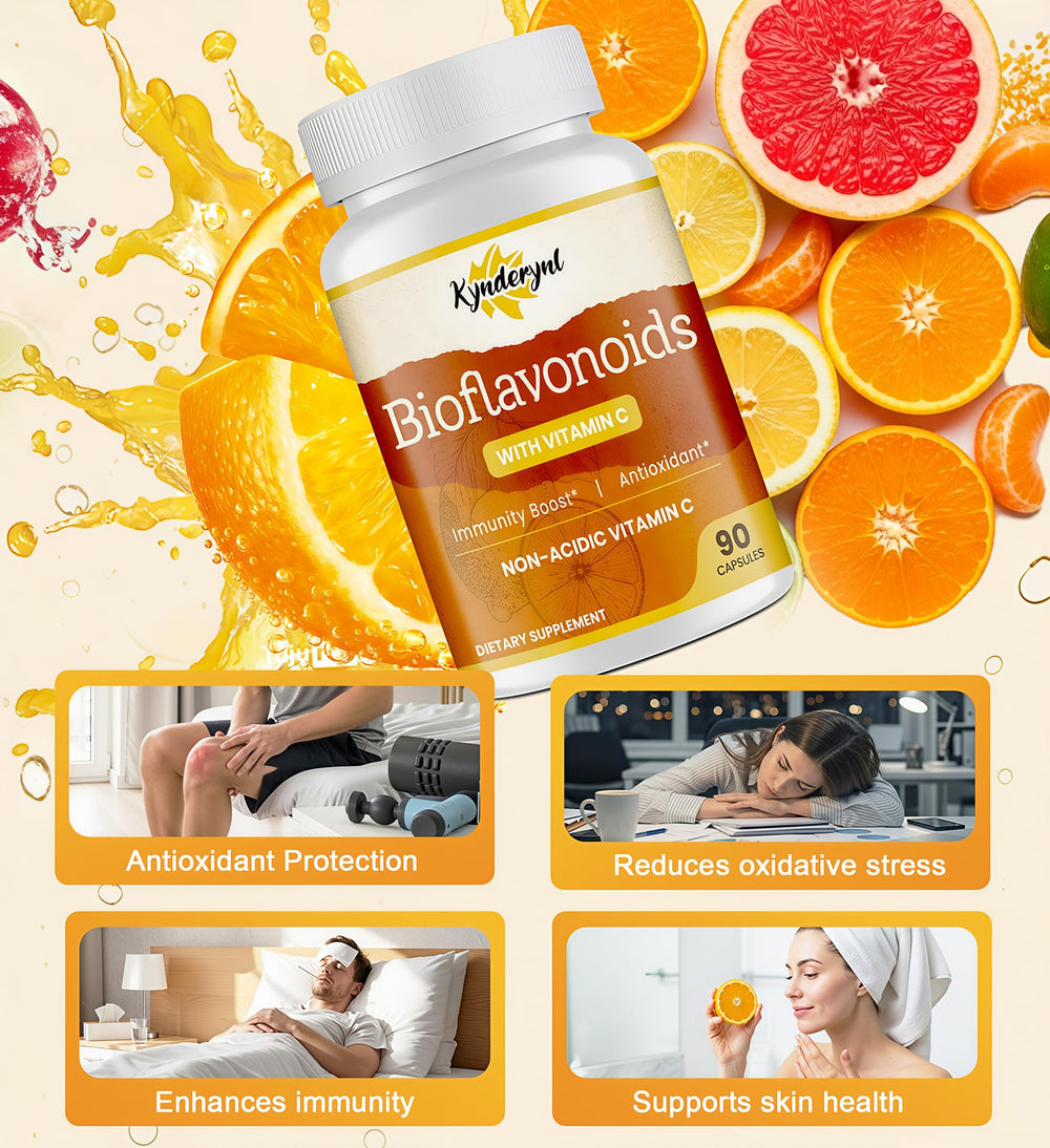 Kynderynl capsules pouring from bottle highlighting citrus bioflavonoids and absorption