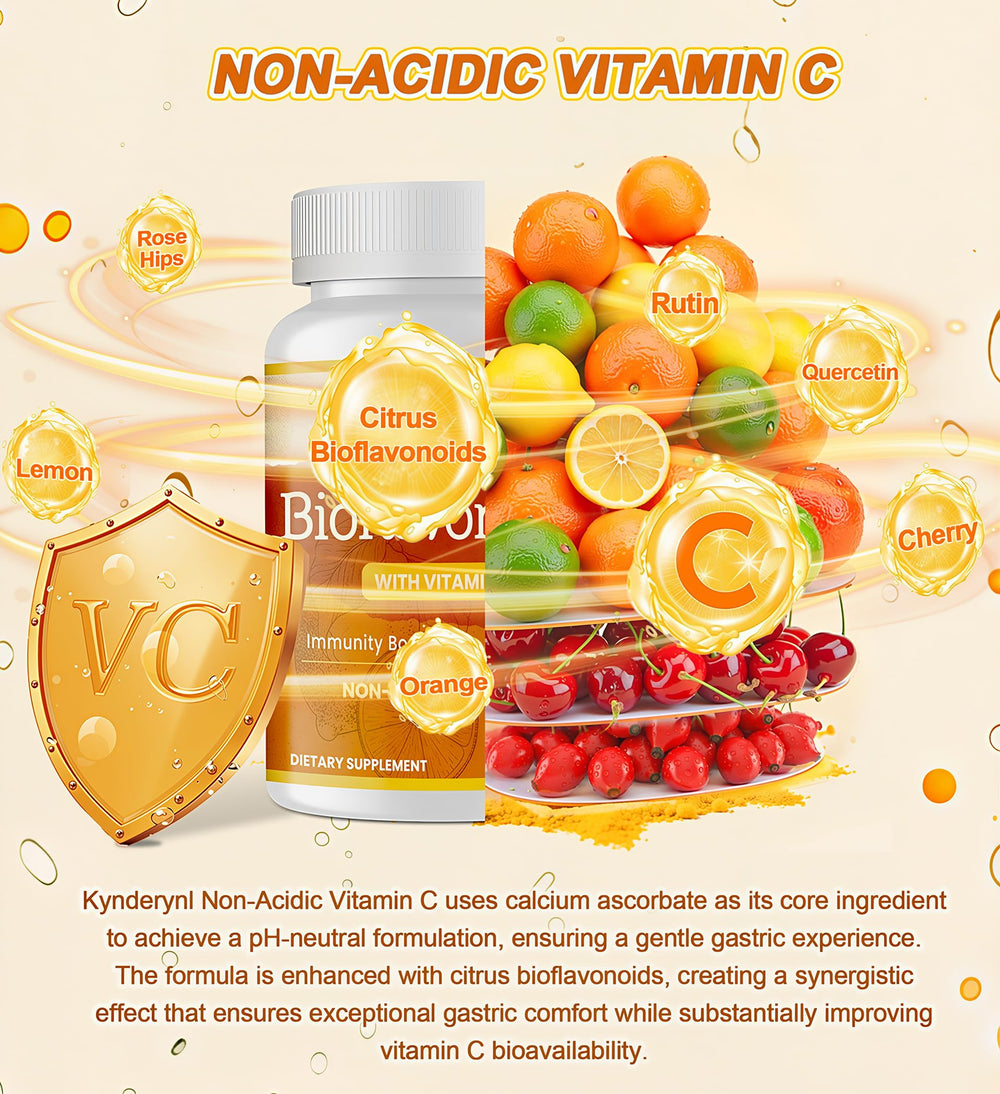 Kynderynl Vitamin C bottle on desk with vegan and non-acidic features