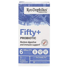 Kyo-Dophilus Fifty Plus capsules close-up for easy swallowing and high-quality strains.