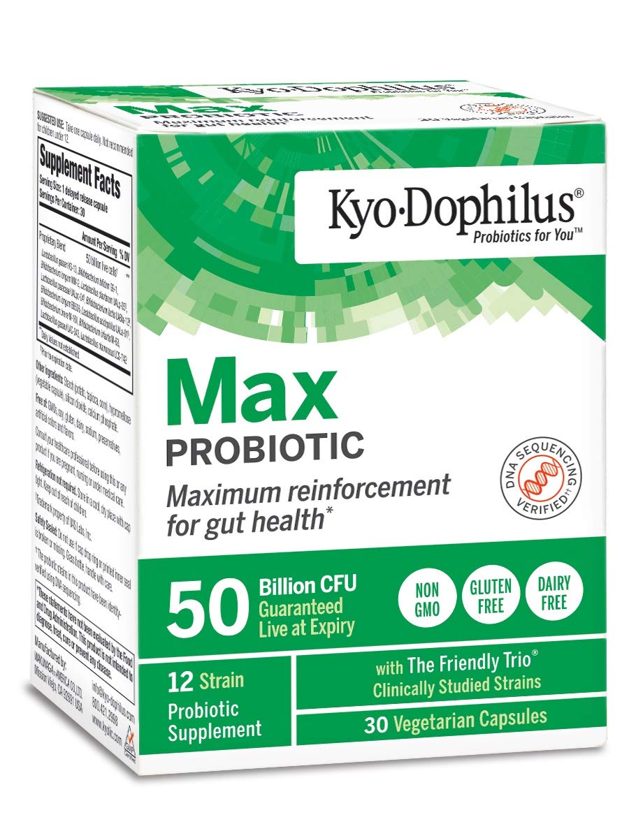 Kyo-Dophilus Max Probiotics bottle close-up for daily gut balance.