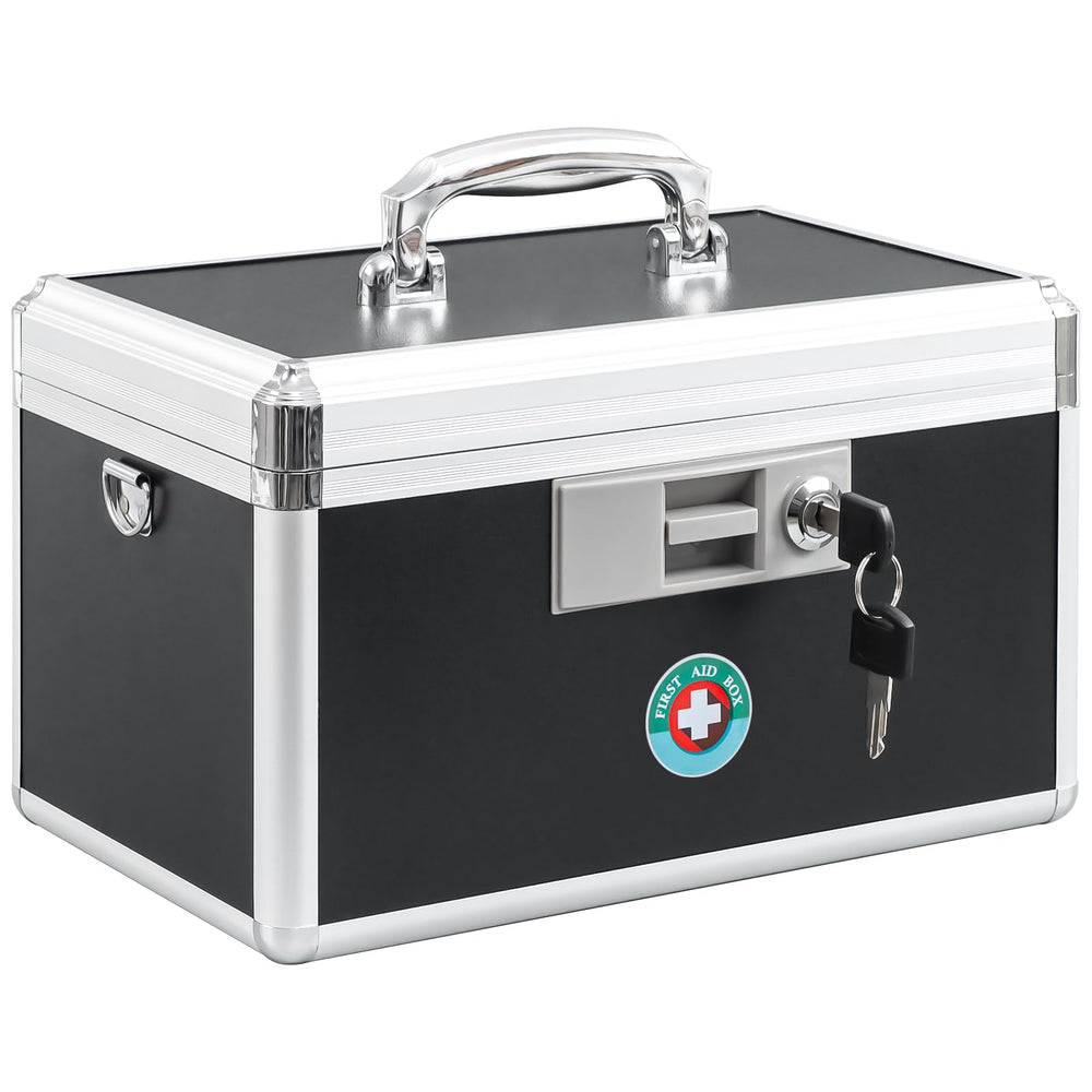 KYODOLED medication lock box front view showing sturdy aluminium build and secure closure.