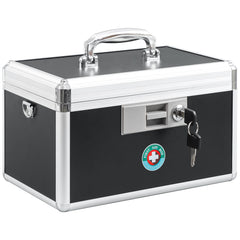 KYODOLED medication lock box front view showing sturdy aluminium build and secure closure.
