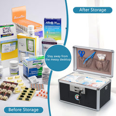 KYODOLED medication lock box side view highlights compact portable design with carry strap.