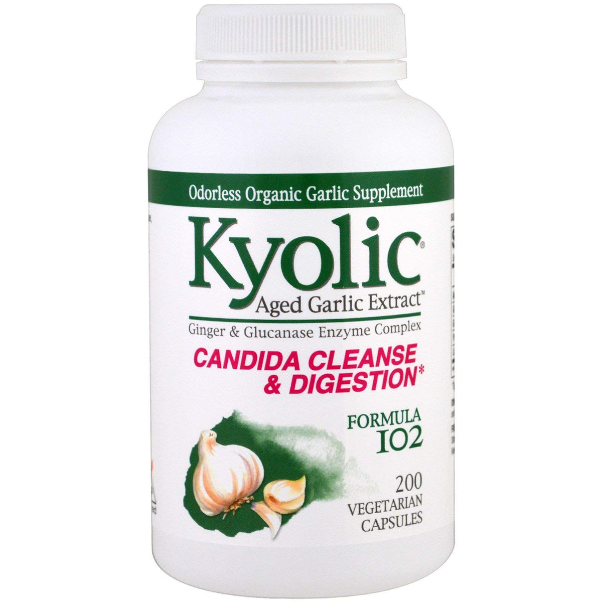 Kyolic 102 Garlic bottle with enzyme for daily wellness.