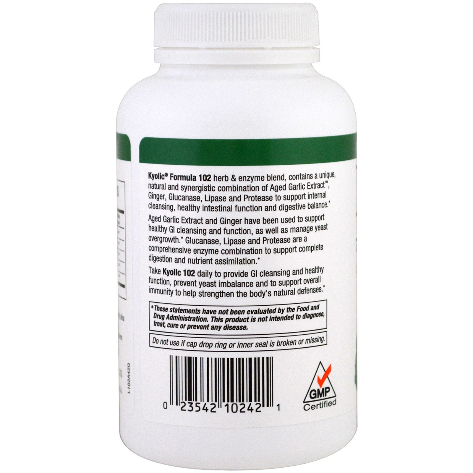 Kyolic 102 Garlic with Enzyme Veg label features organic, non-GMO ingredients.