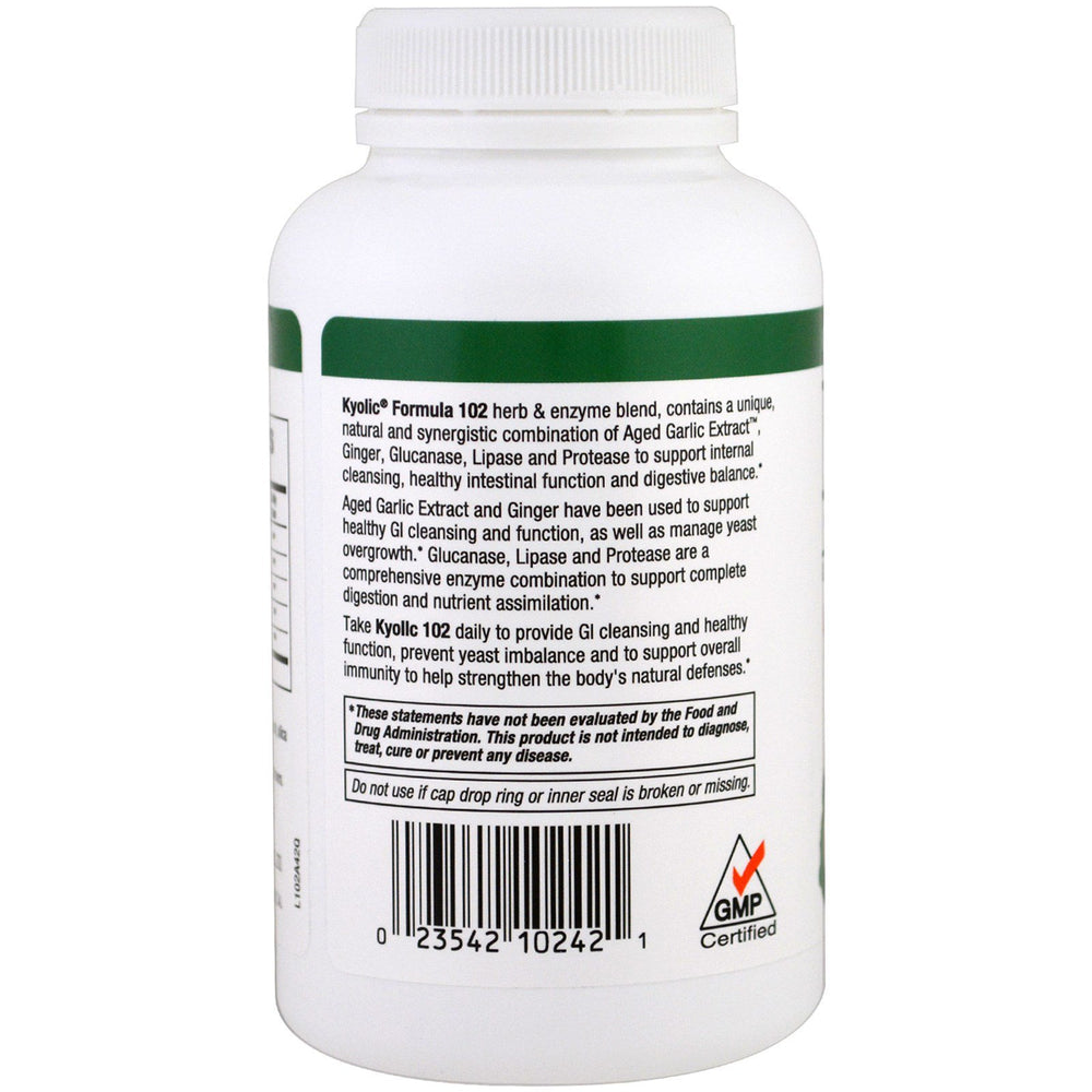 Kyolic 102 Garlic with Enzyme Veg label features organic, non-GMO ingredients.