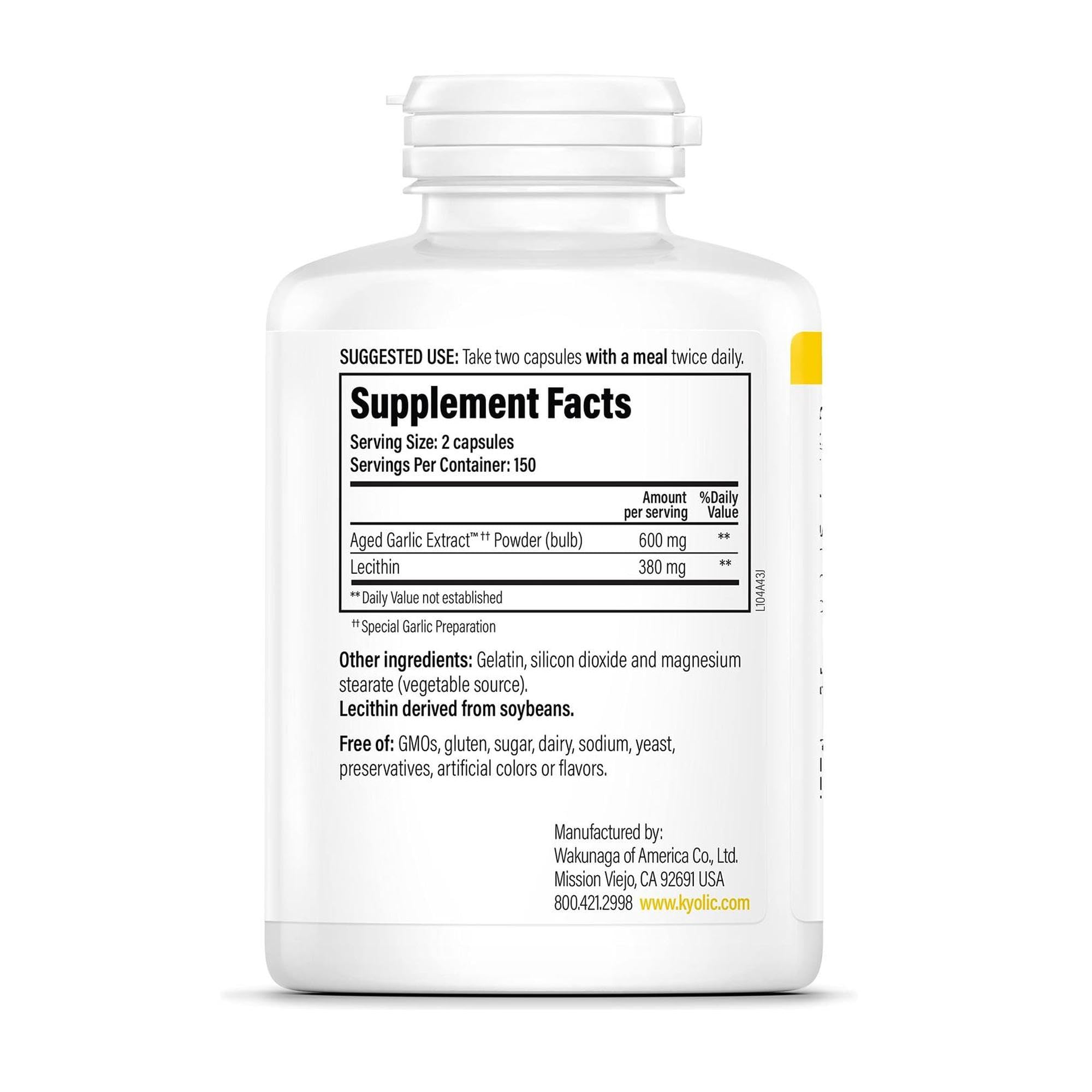 Kyolic 104 bottle on shelf, convenient daily supplement.