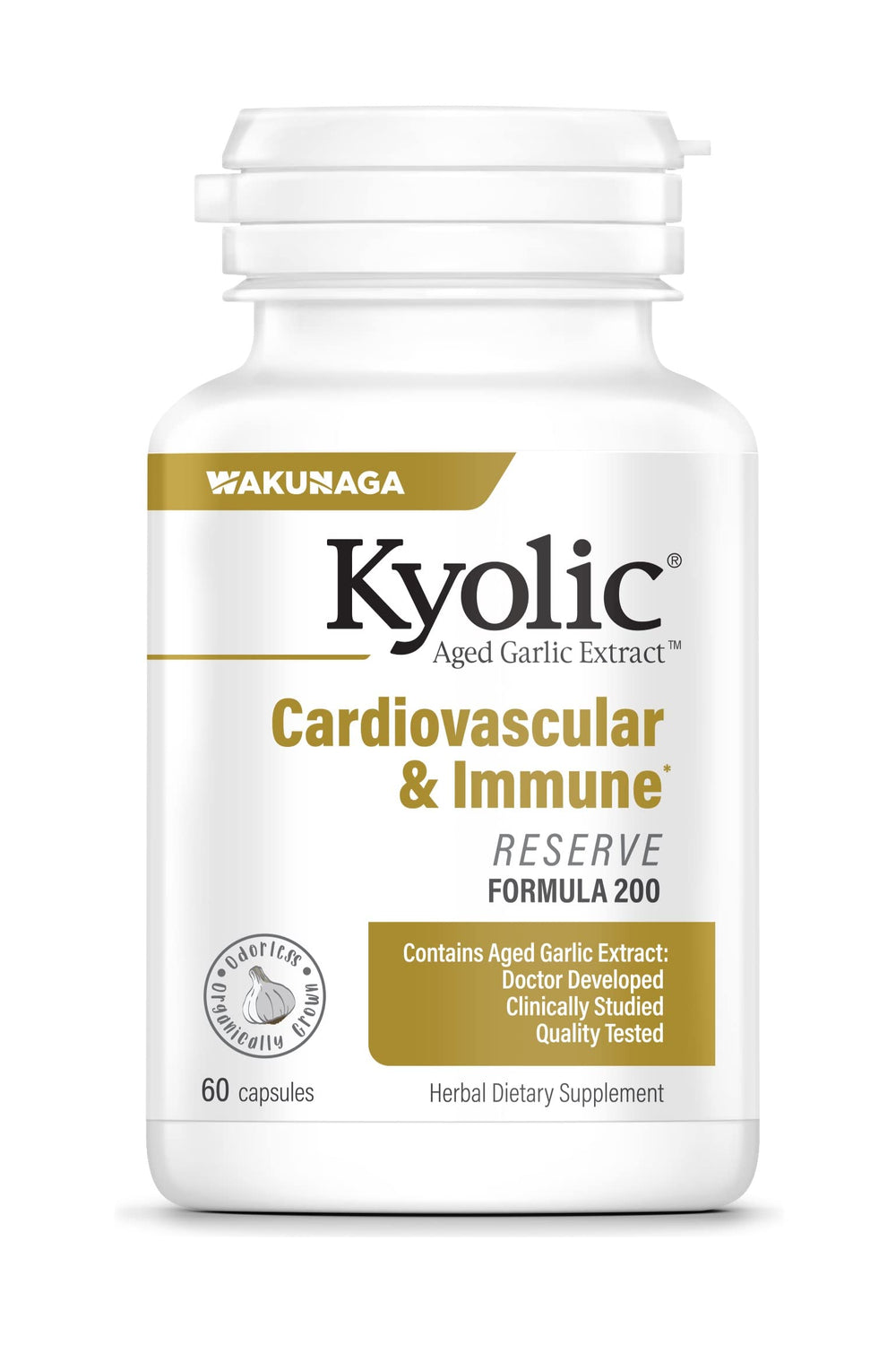Kyolic Aged Garlic Extract bottle showing odorless formula and wellness benefits.