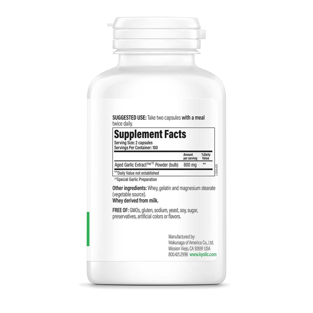 Kyolic Aged Garlic Extract capsules ready for odorless cardiovascular and immune support.