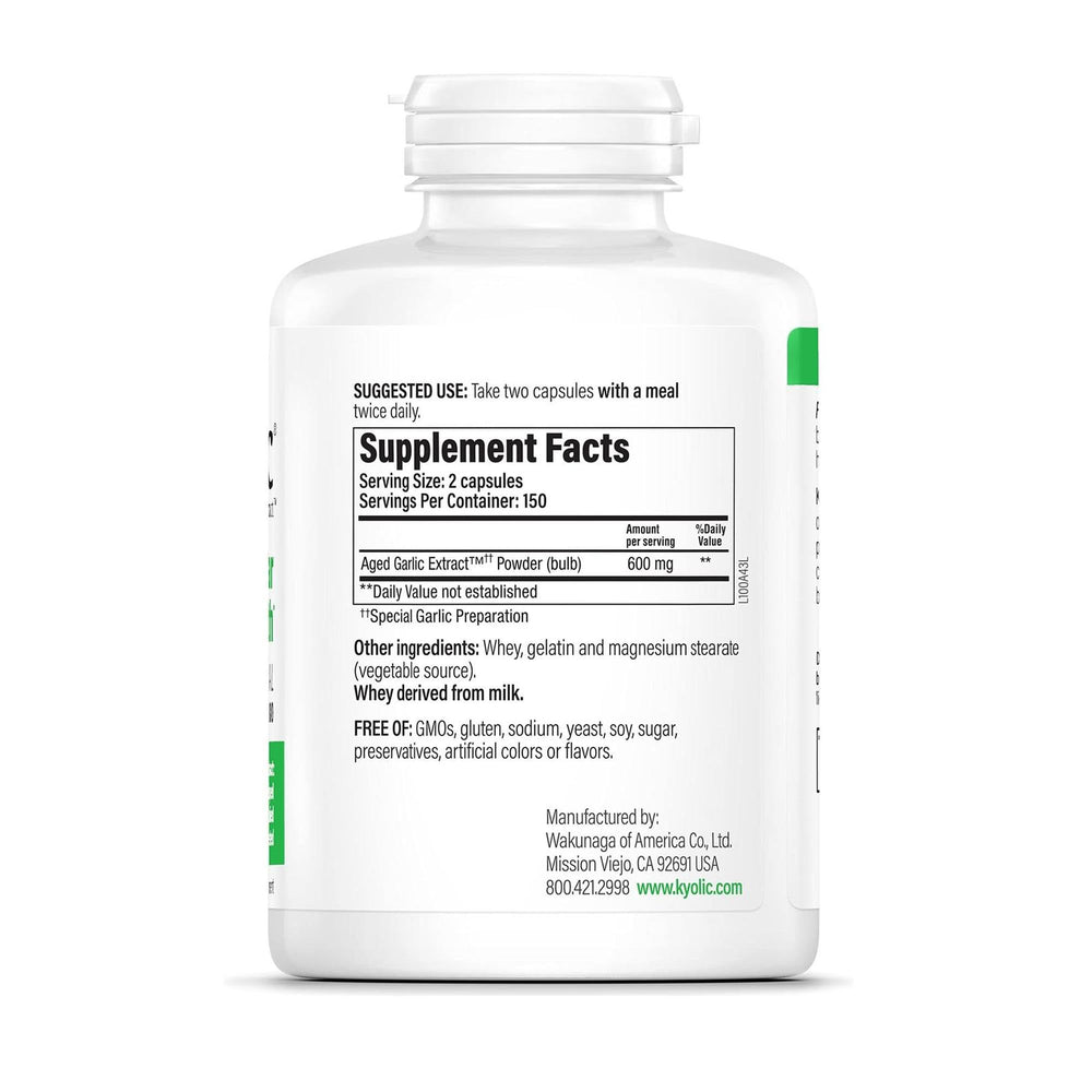Kyolic Aged Garlic Extract Formula 100 bottle label close-up showing organic aging for digestion support.