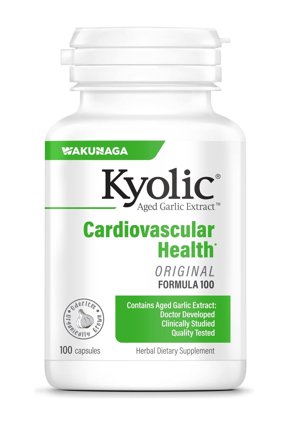 Kyolic Aged Garlic Extract Formula 100 bottle-label shows potential cardiovascular support