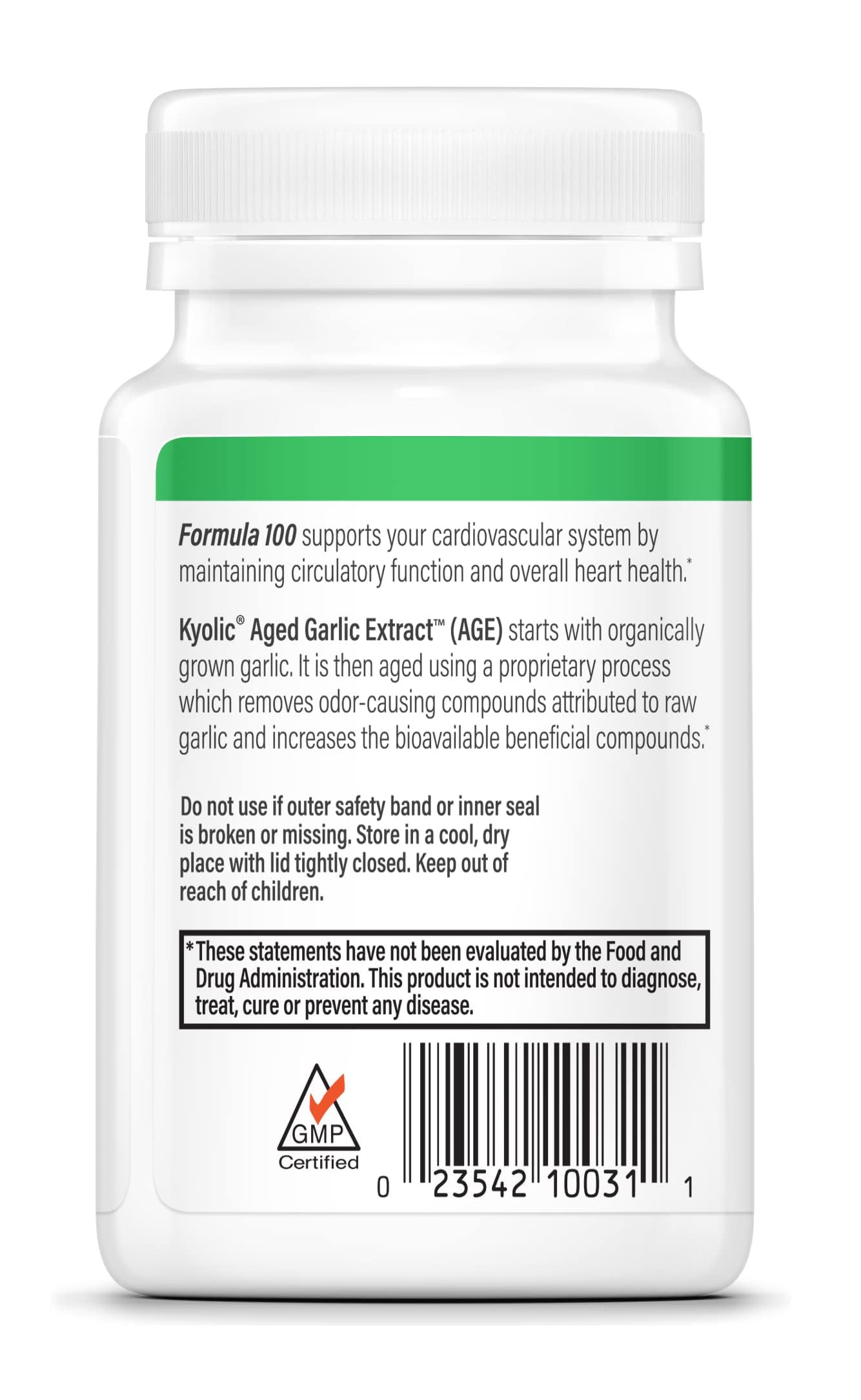 Kyolic Aged Garlic Extract Formula 100 ingredients close-up.