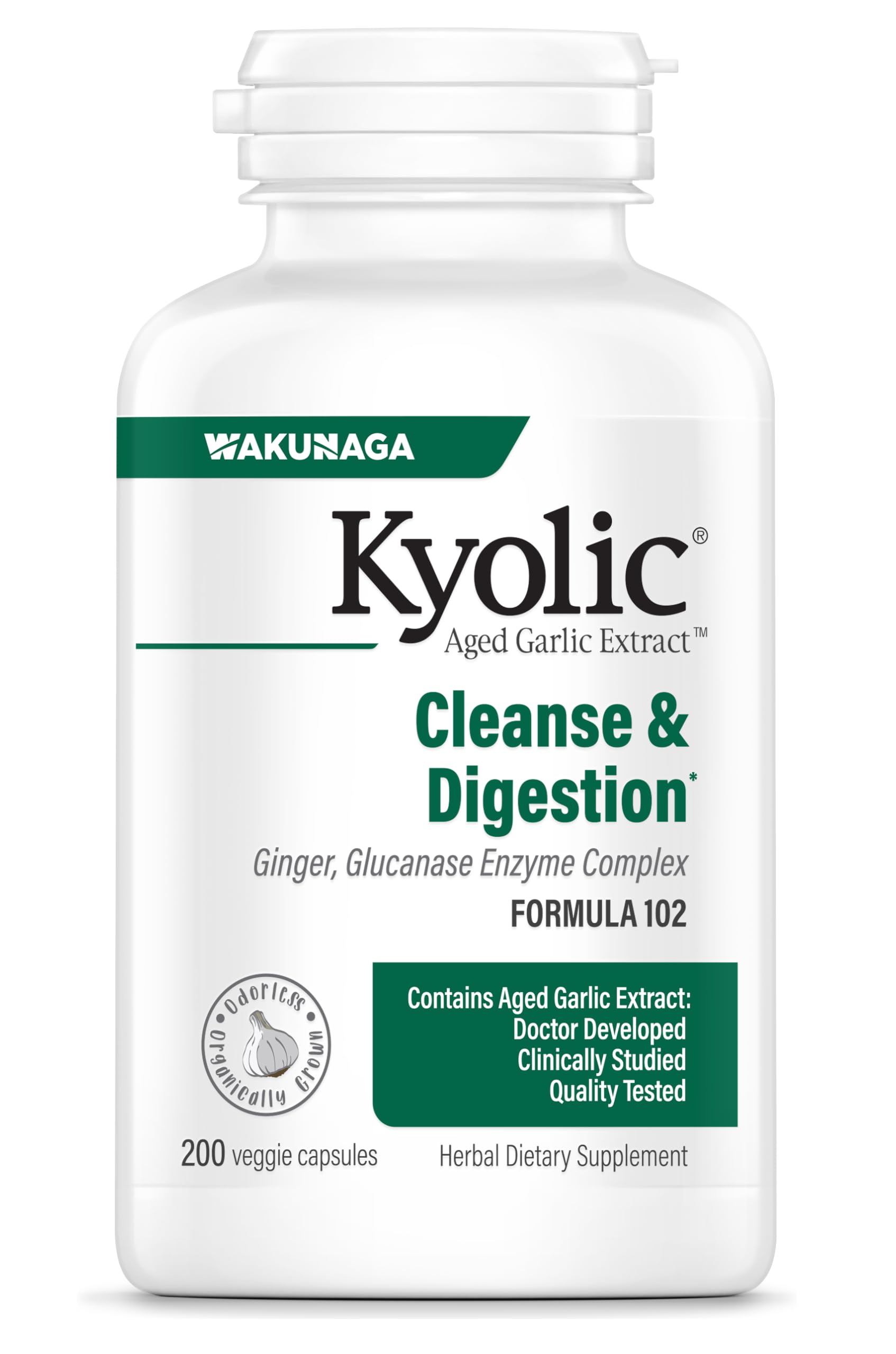 Kyolic Formula 102 bottle with odorless aged garlic extract and enzyme blend for digestion support.