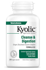 Kyolic Formula 102 bottle with odorless aged garlic extract and enzyme blend for digestion support.
