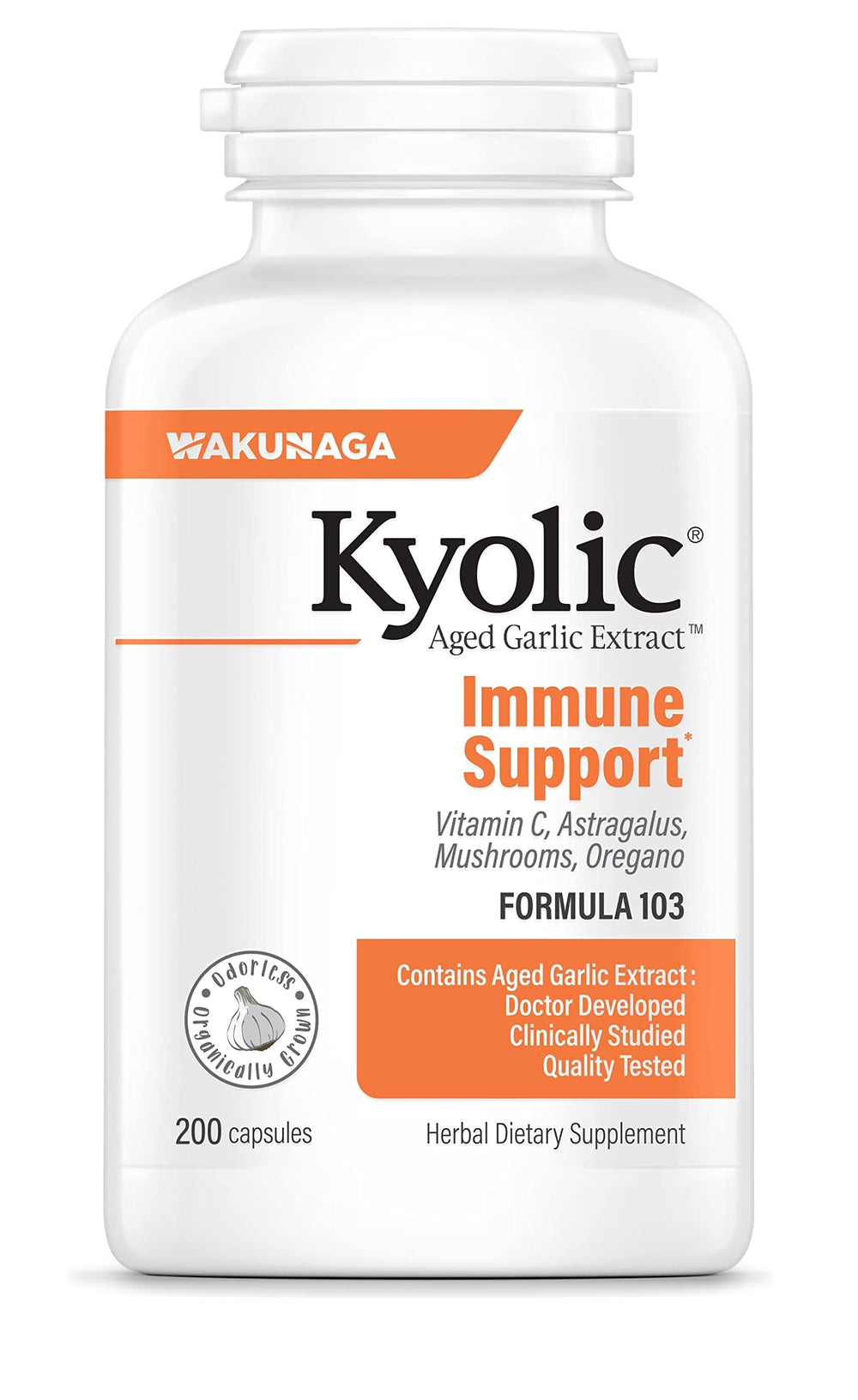 Kyolic Aged Garlic Extract Formula 103 bottle front, odorless immune-supporting formula