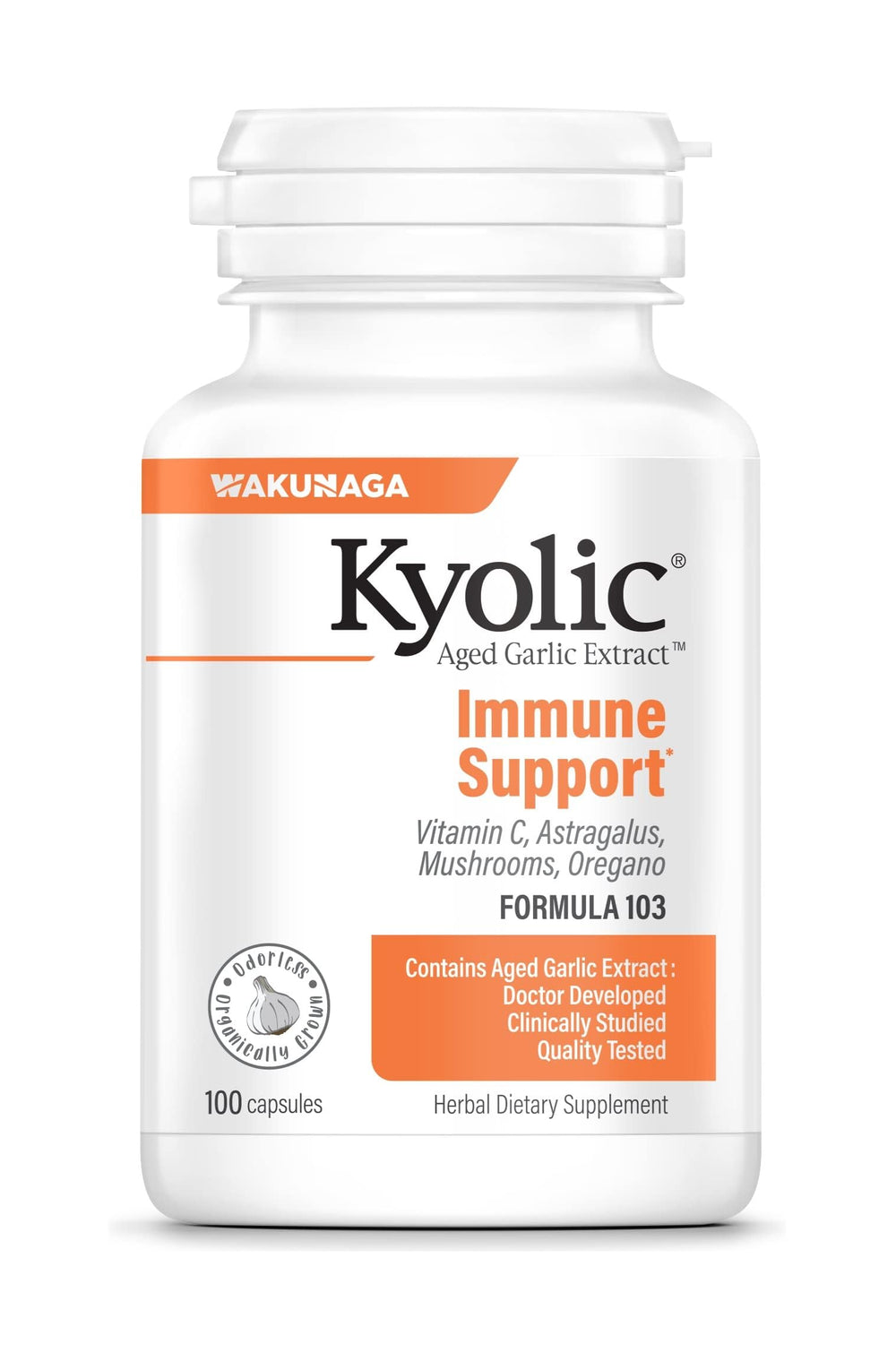 Kyolic Formula 103 bottle showing odorless aged garlic extract for immune support