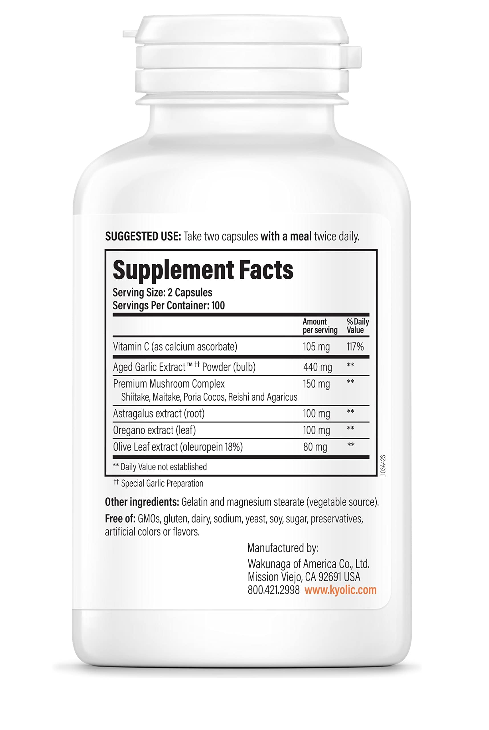 Kyolic Aged Garlic Extract Formula 103 capsules closeup, packaging and capsules visible
