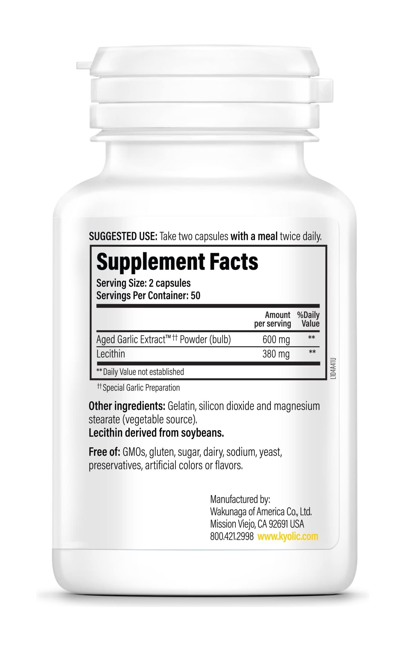 Kyolic bottle back highlighting ingredients and organic garlic source for whole-body wellness.