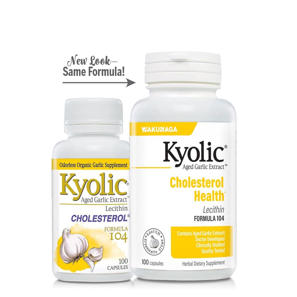 Kyolic label close-up emphasizes odorless processing and lecithin blend for digestion support.