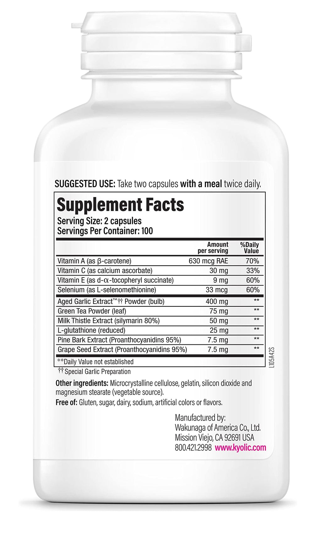 Kyolic Aged Garlic Extract Formula 105 capsules closeup for easy daily use.