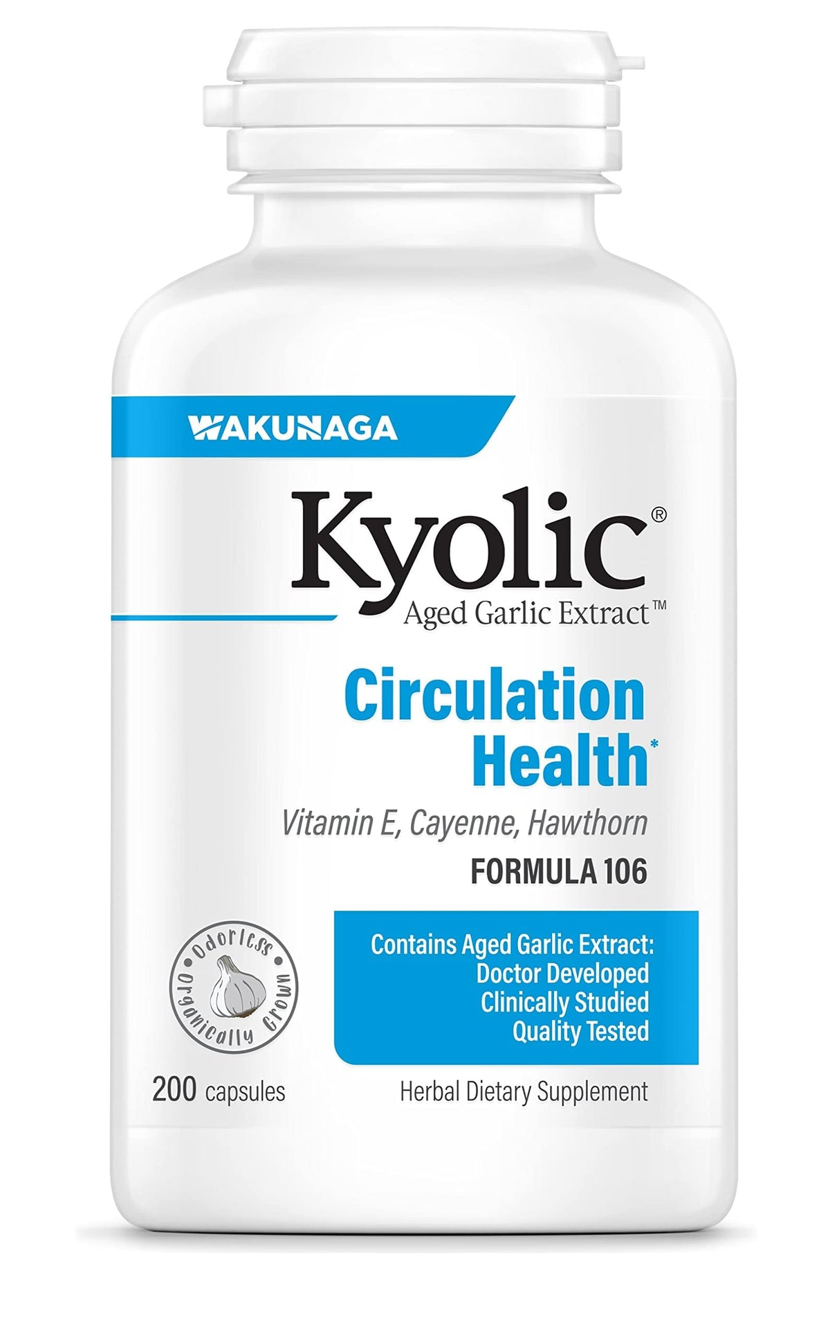 Kyolic Aged Garlic Extract Formula 106 bottle front, odorless heart health support.
