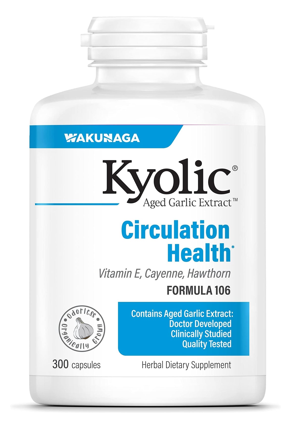 Kyolic Aged Garlic Extract Formula 106 bottle, odorless aged garlic supporting healthy circulation.