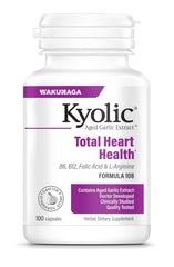 Kyolic Formula 108 bottle, odorless aged garlic capsules supporting heart health.