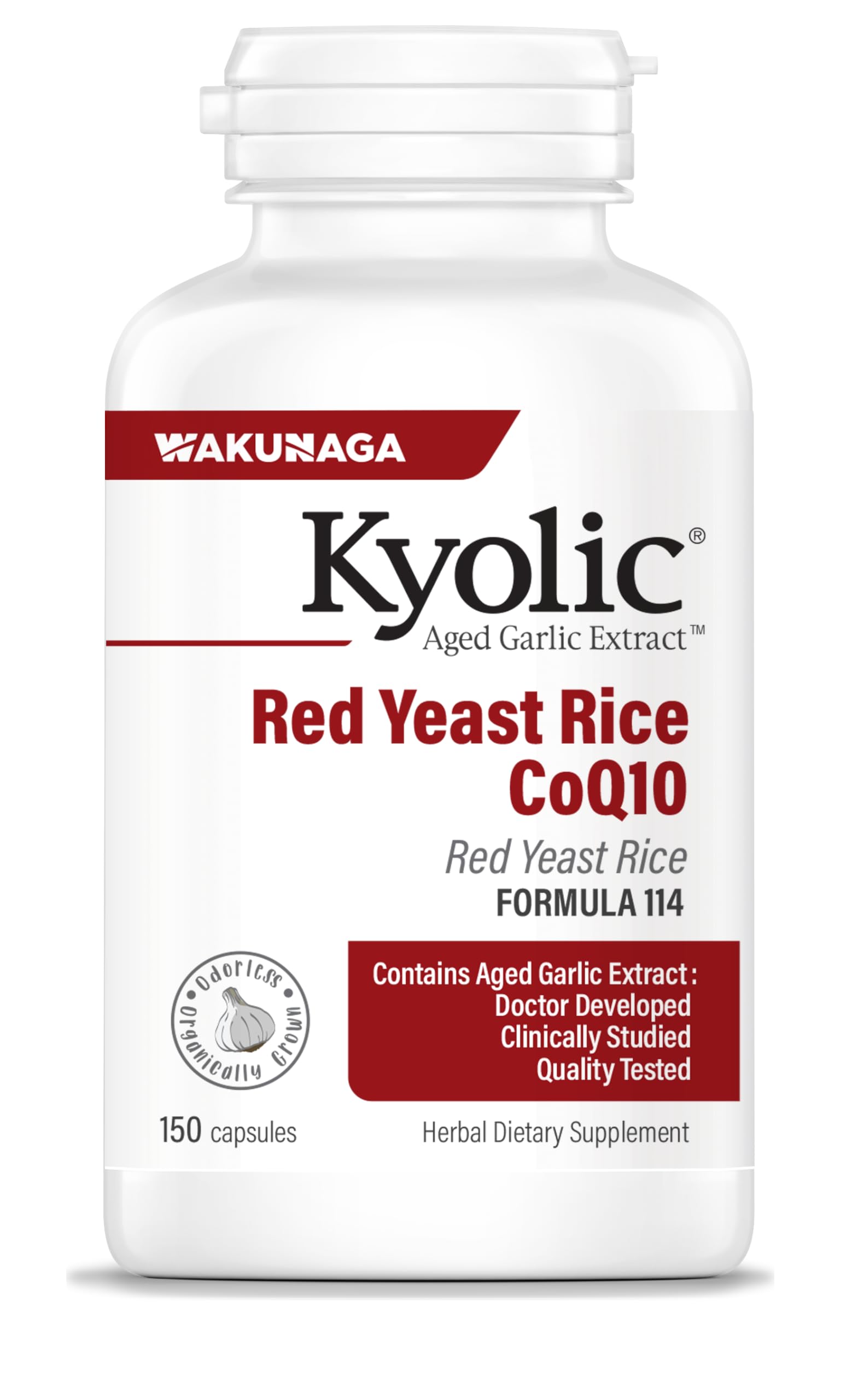 Kyolic Aged Garlic Extract Formula 114 bottle label promoting cardiovascular support