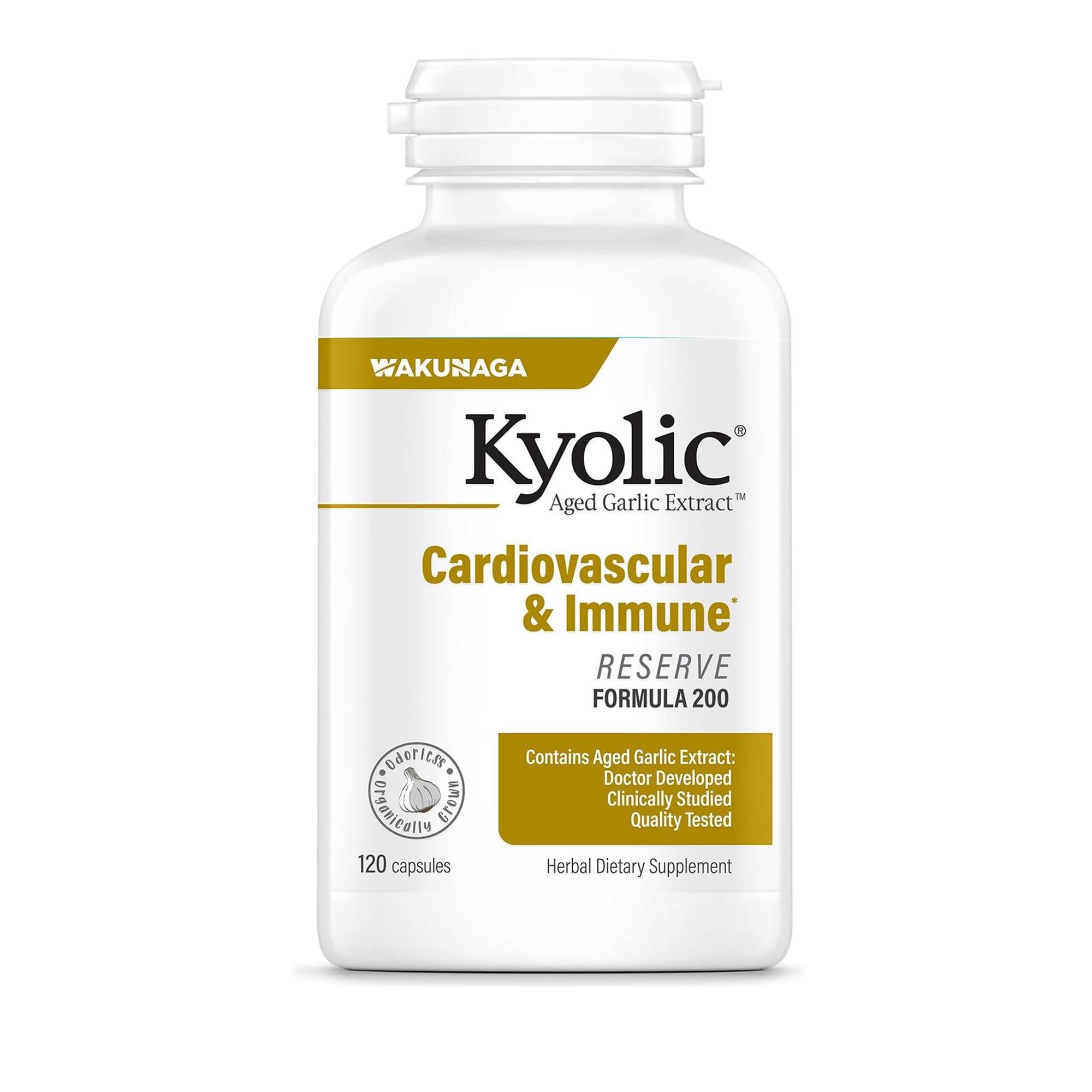 Kyolic Aged Garlic Extract Formula 200 bottle shows odorless aging for potential heart and immune benefits.