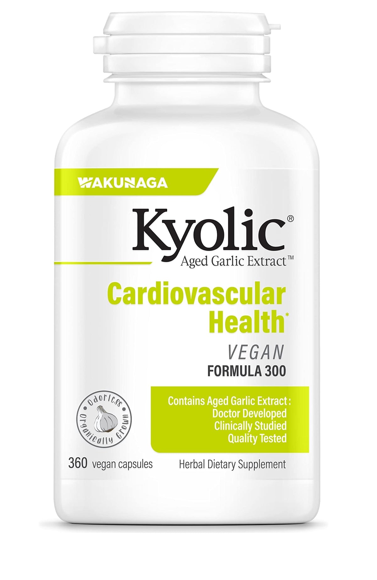 Kyolic Aged Garlic Extract Formula 300 bottle front shows a vegan, odorless cardiovascular support option.