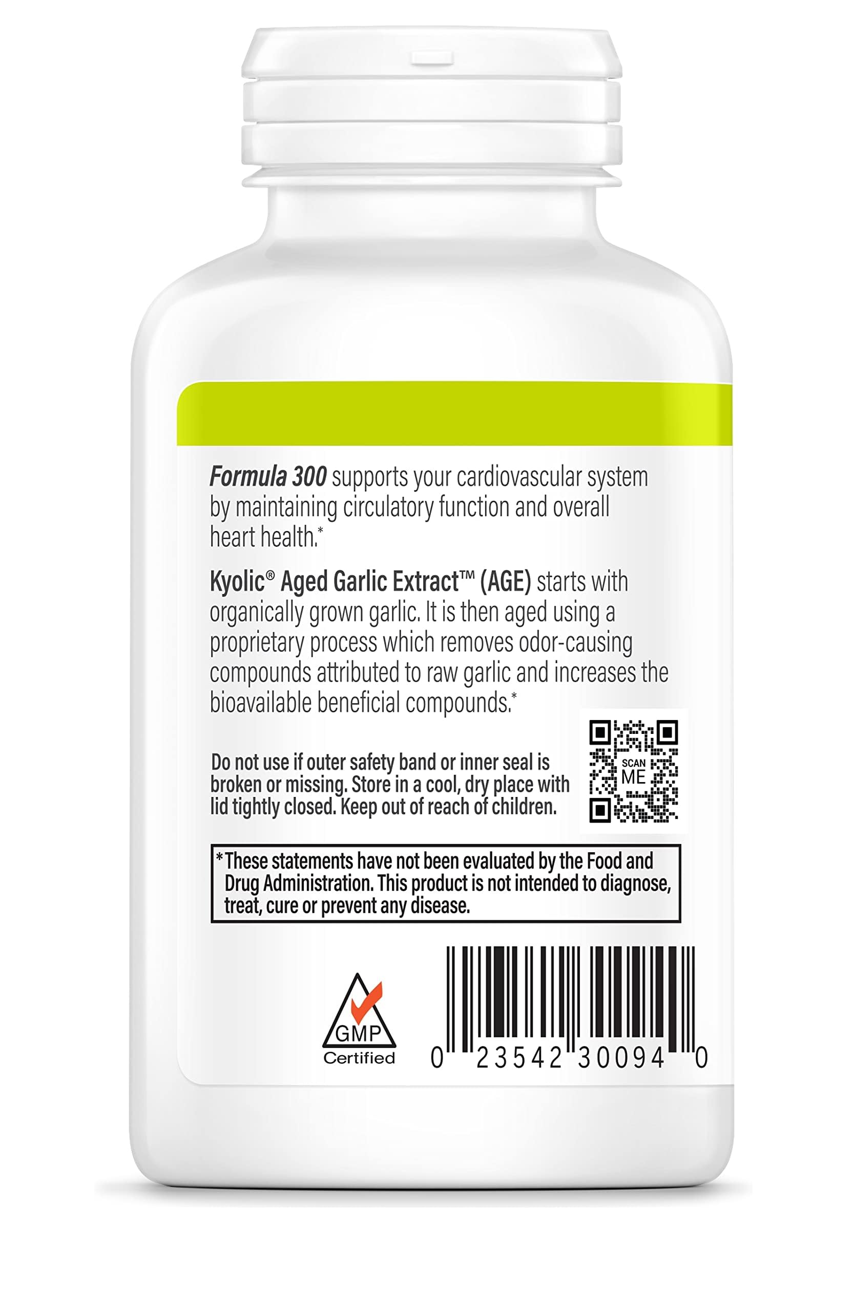 Kyolic Aged Garlic Extract Formula 300 bottle side demonstrates compact daily capsules.