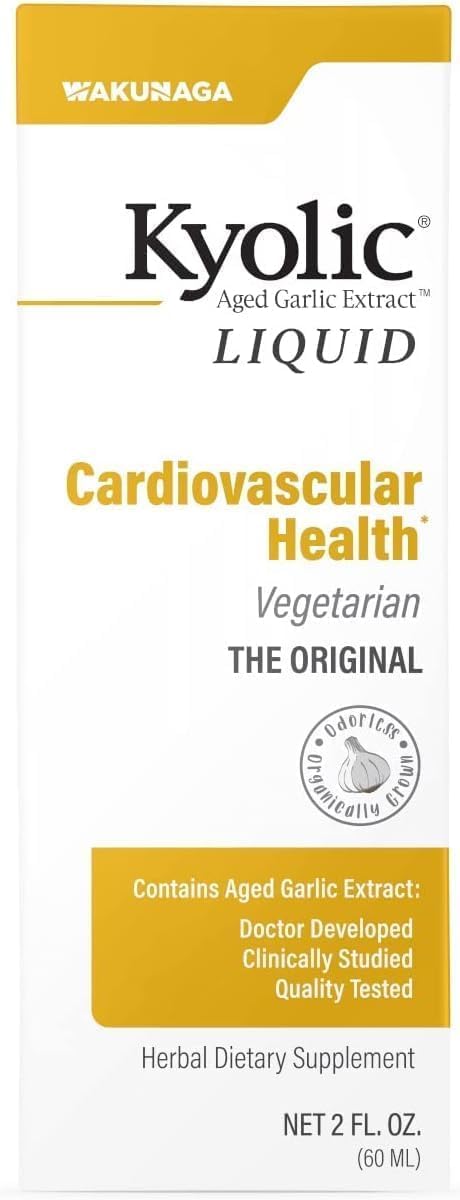 Kyolic Aged Garlic Extract liquid bottles label shows organic, odorless formula for daily use.