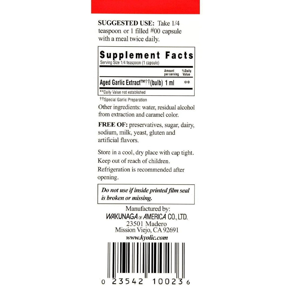Kyolic Aged Garlic Extract liquid pour demonstrates easy daily dosing and odorless use.