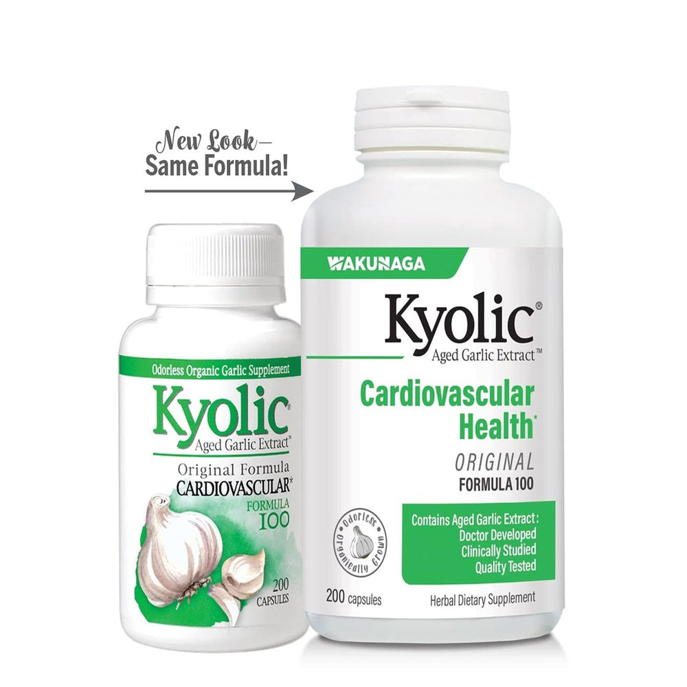 Kyolic packaging showcasing organic garlic and odorless formula for daily health.
