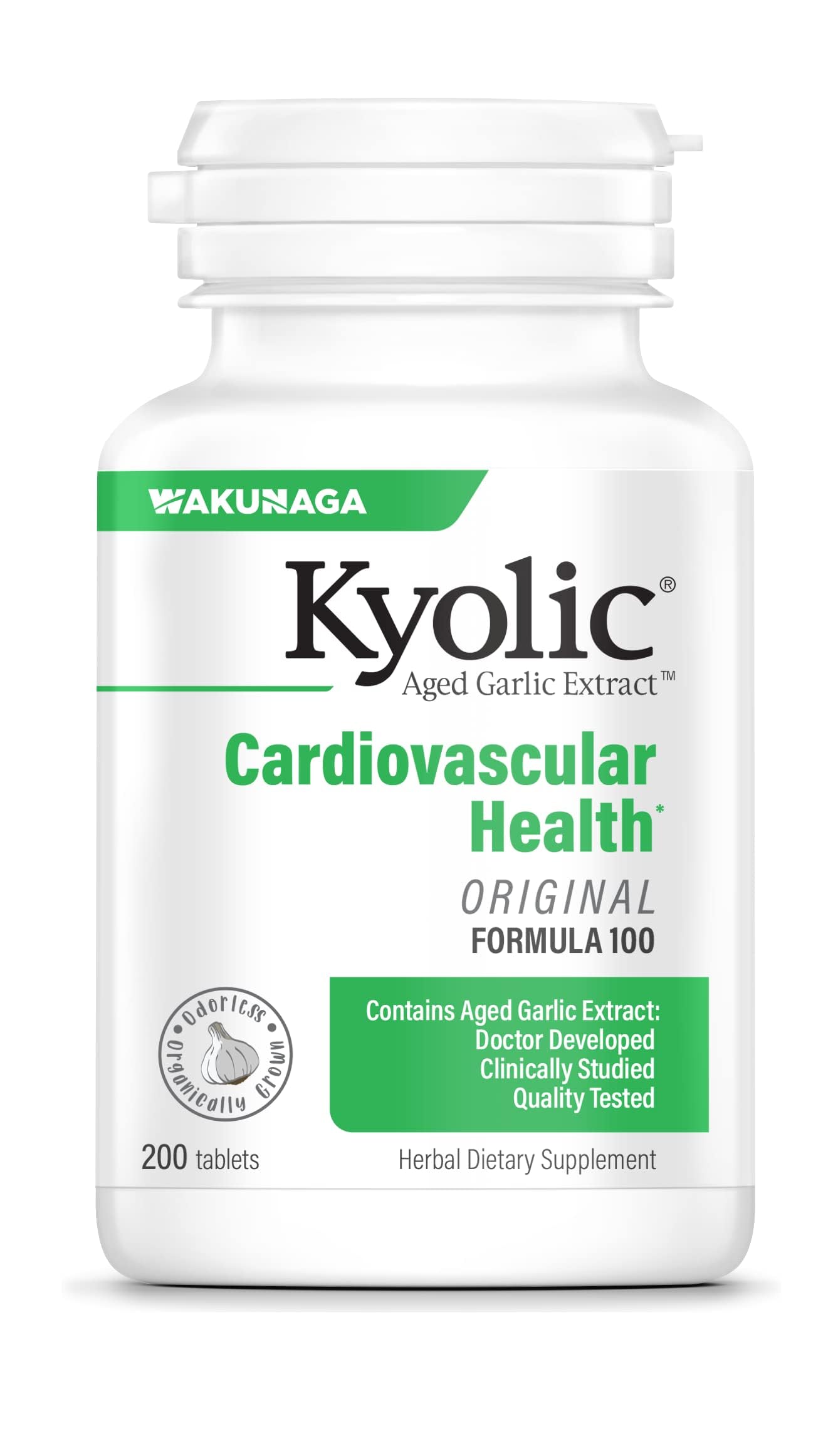 Kyolic Aged Garlic Formula 100 bottle front highlighting cardiovascular health support.