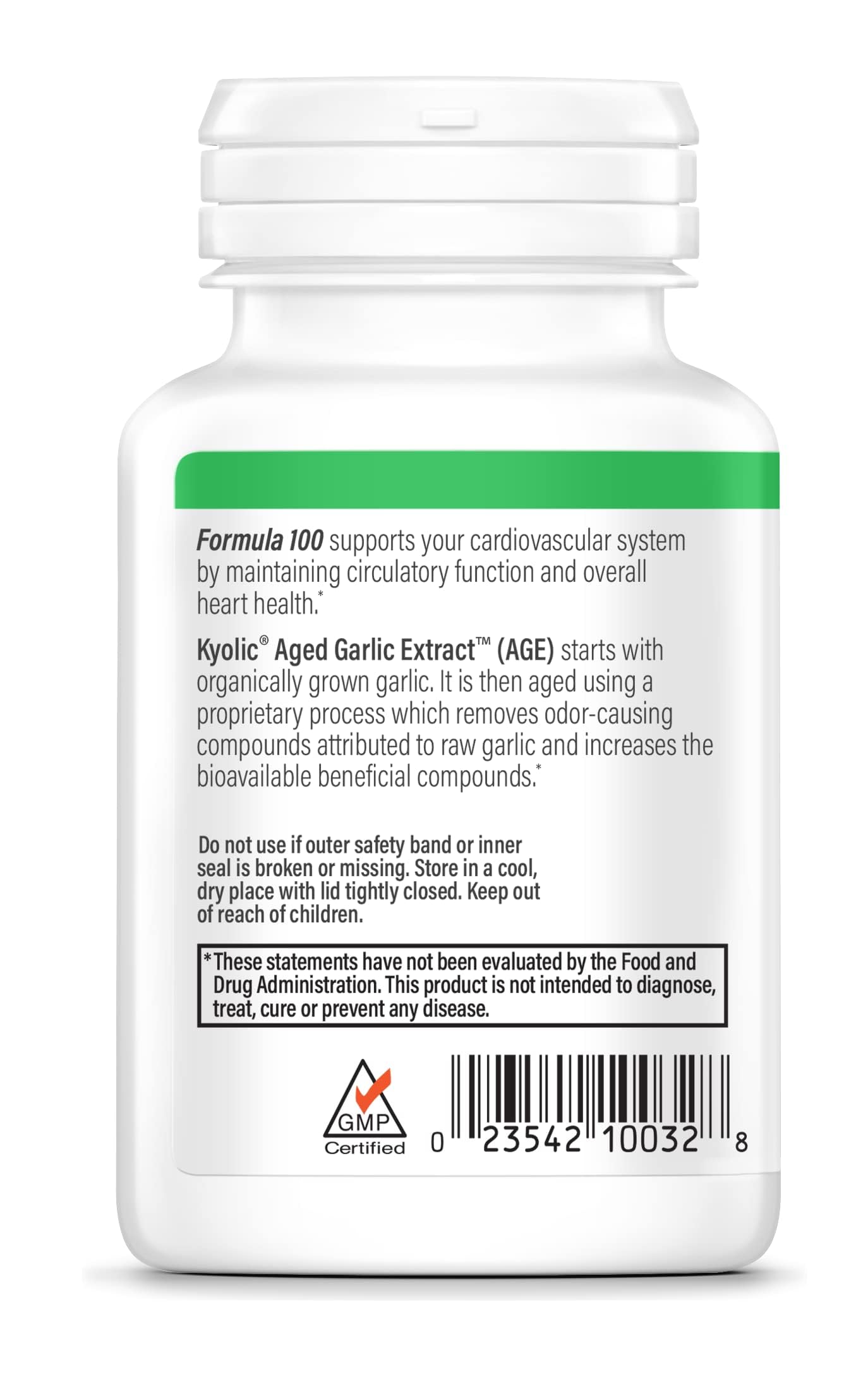 Kyolic Aged Garlic Formula 100 packaging highlighting non-GMO organic garlic for wellness.