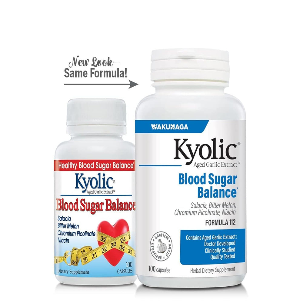 Kyolic Blood Sugar Balance outer box emphasizing organic garlic and non-GMO origins.